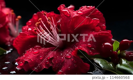 Macro shot close up flower of red Hibiscus rosa-sinensis or shoeblack plant with some water drops isolated on black background. 114660568