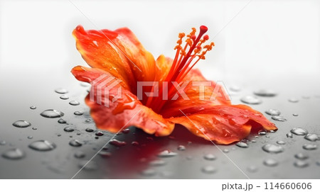 Macro shot close up flower of orange Hibiscus rosa-sinensis or shoeblack plant with some water drops isolated on white background. Macro shot close up flower of orange Hibiscus rosa-sinensis or shoeblack plant with some water drops isolated on white background. 114660606