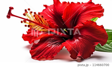 Macro shot close up flower of red Hibiscus rosa-sinensis or shoeblack plant isolated on white background. 114660700