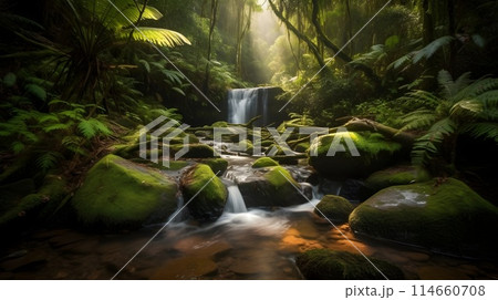 Landscape of beautiful misty waterfall hidden in the deep jungle and river flow shading between the tall tree at the nature. 114660708