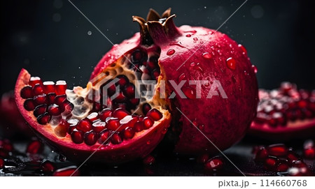 Sliced of red pomegranate or Punica granatum fruit with water splashing black background. Sliced of red pomegranate or Punica granatum fruit with water splashing black background. 114660768