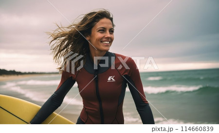 Portrait of cheerful surfer woman on the beach Portrait of cheerful surfer woman on the beach 114660839
