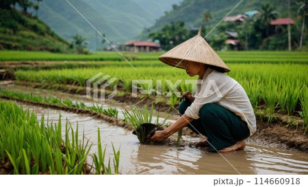 A Vietnamese woman works in a rice field. She wears a traditional Vietnamese hat and a light-colored shirt and pants 114660918