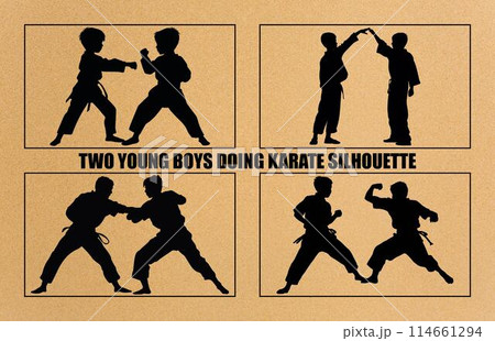 Two young boys doing karate silhouette, Two karate young boys fighters in a match, 114661294