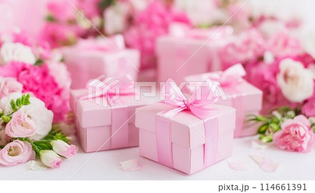 ピンクモチーフのプレゼントボックスと花 ピンクモチーフのプレゼントボックスと花 114661391