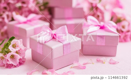 ピンクモチーフのプレゼントボックスと花2 114661392