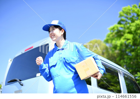 屋外で荷物を運ぶ配送ドライバーの女性 屋外で荷物を運ぶ配送ドライバーの女性 114661556