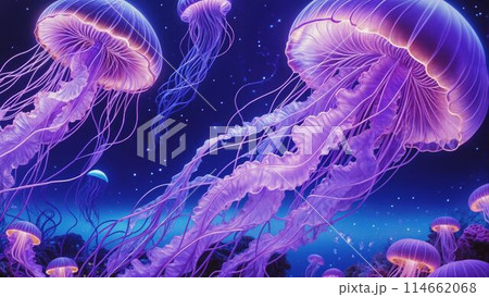 クラゲが泳ぐ美しい深海の風景のイラスト素材 [114662068] - PIXTA