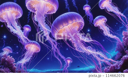 クラゲが泳ぐ美しい深海の風景 114662076