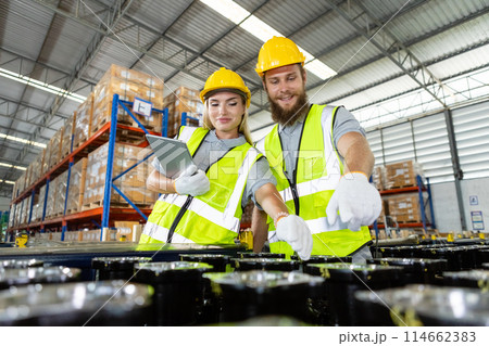 Male and Female professional using tablet quality checking car parts worker in warehouse. Male and Female professional using tablet quality checking car parts worker in warehouse. 114662383
