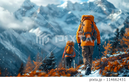 Hikers with backpacks walking up the mountain, healthy recreation 114662431