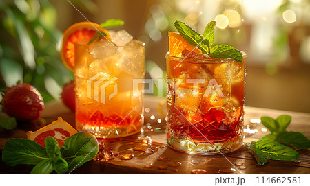 Cocktails with ice, lemon and mint on a wooden table, evening at the bar Cocktails with ice, lemon and mint on a wooden table, evening at the bar 114662581
