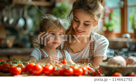 Mom and daughter cooking in the kitchen, preparing tomato paste 114662792