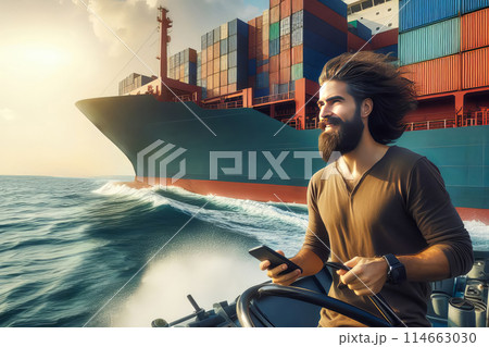 young man with a bicycle on ship in port 114663030