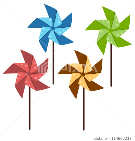 Colored pinwheel Multicolor toy paper windmill Pinwheel with blades of different colors Flat style 114663232