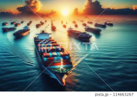 aerial view container ship in sea aerial view container ship in sea 114663267