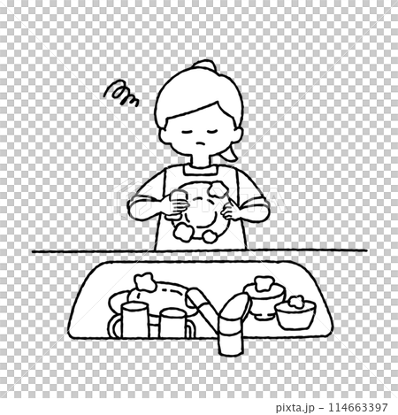 Monochrome illustration of a woman washing dishes reluctantly 114663397