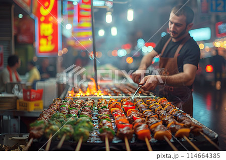 A vendor is grilling a variety of vibrant kebabs. A vendor is grilling a variety of vibrant kebabs. 114664385