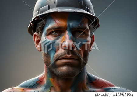man in a construction helmet, face covered in paint, painter 114664958