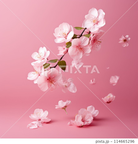 Sakura flowers isolated on pink background. Cherry blossom, Sakura tree branch 114665296