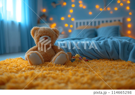 Cute teddy bear sitting children room with toys. Stuffed animal toy teddy bear. 114665298