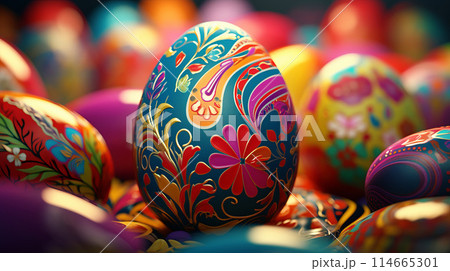 Multicolored Easter eggs. Colorful background of easter eggs collection, easter celebration. 114665301