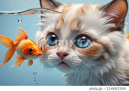 Cute Ragdoll kitten and goldfish underwater 114665384