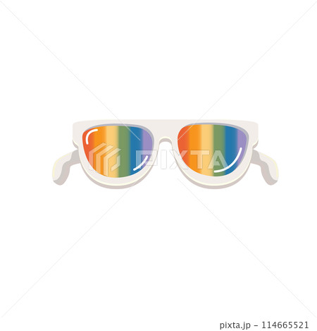 pride month sunglasses retro groovy hippie style with pride rainbow lens and white frame isolated on transparent background. Retro vintage Pride month, LGBT and LGBTQ sunglasses icon, sticker, poster 114665521