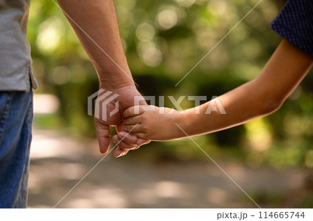 the father's hand held tightly the hand of his little son against the background of green foliage, close-up 114665744