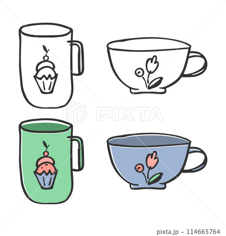 Cup symbol Clipart Set. Doodle icon kit, hand drawn decorative stroke line, black sketch contour, outline, pastel colored cartoon flat design. Various isolated element. Vector illustration Cup symbol Clipart Set. Doodle icon kit, hand drawn decorative stroke line, black sketch contour, outline, pastel colored cartoon flat design. Various isolated element. Vector illustration 114665764