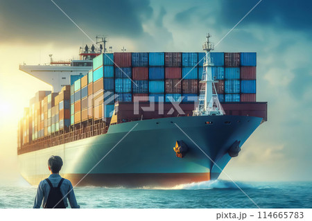 man standing on container ship man standing on container ship 114665783