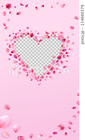 Pink sakura heart valentines day story template. Rose petals png frame isolated on pink background. Stock vector illustration isolated on white background. 114666379