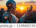 Contemplate the future with this stunning AI robot against a fiery sunset 114666530