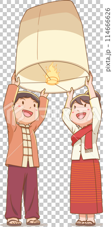 Male and female cartoon characters floating lantern in Yee Peng floating lantern festival, Thailand. 114666626