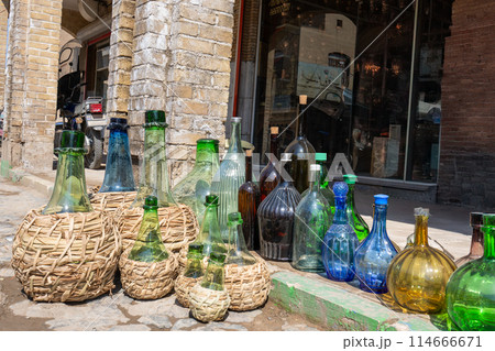 Colorful glass bottles displayed in Kashan, Iran. 114666671