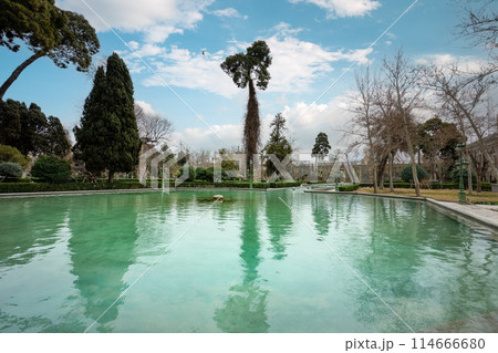 The serene reflecting pool of Golestan Palace in Tehran. 114666680