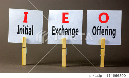 IEO initial exchange offering symbol. Concept words IEO initial exchange offering on beautiful paper. Beautiful grey background. Business IEO initial exchange offering concept. Copy space. 114666800