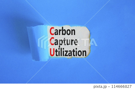CCU Carbon capture utilization symbol. Concept words CCU Carbon capture utilization on beautiful paper. Beautiful blue background. Business ecological Carbon capture utilization concept. Copy space. 114666827