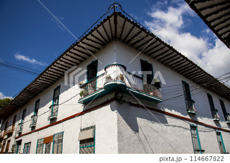 Beautiful streets at the historical downtown of the heritage town of Salamina located at the Caldas department in Colombia. 114667822