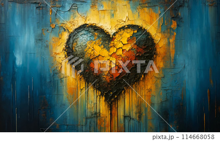 Abstract, artistic heart created with blue yellow paint strokes, set against textured background 114668058