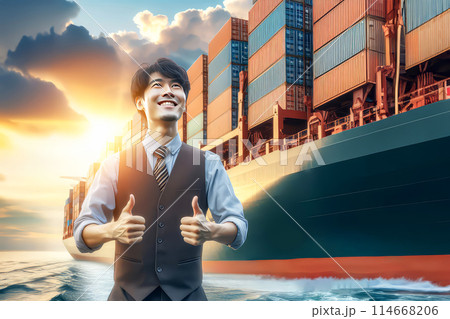 business woman standing near container ship 114668206