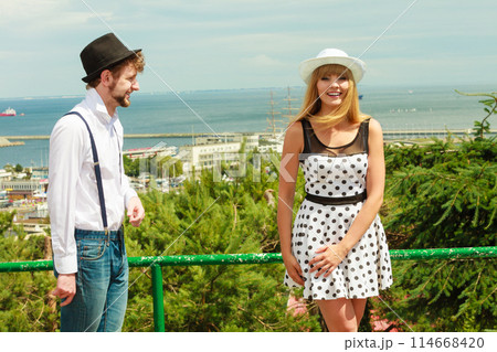 Loving couple retro style flirting outdoor 114668420