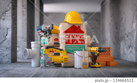 Construction materials and tools indoors with walls without finishing for renovation. Construction materials and tools indoors with walls without finishing for renovation. 114668521