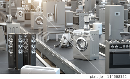 Household appliance and home kitchen technics on conveyor roller belt. 114668522