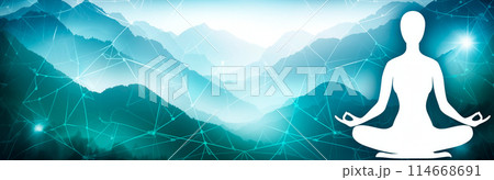Abstract figure meditating with a mountain network background 114668691