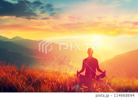 Man meditates in lotus pose on grassy hill at sunset 114668694