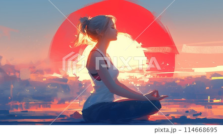 Meditative figure sits against an illustrative urban sunrise 114668695
