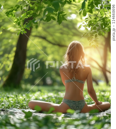 Young woman meditates in serene forest clearing at sunrise 114668696