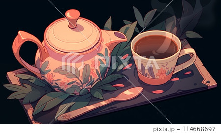 A teapot and cup with a floral pattern, steam rising, on a tray with leaves, dark background 114668697