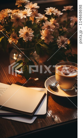 A cup of coffee with a froth, a book, and a vase of flowers on a wooden table 114668698